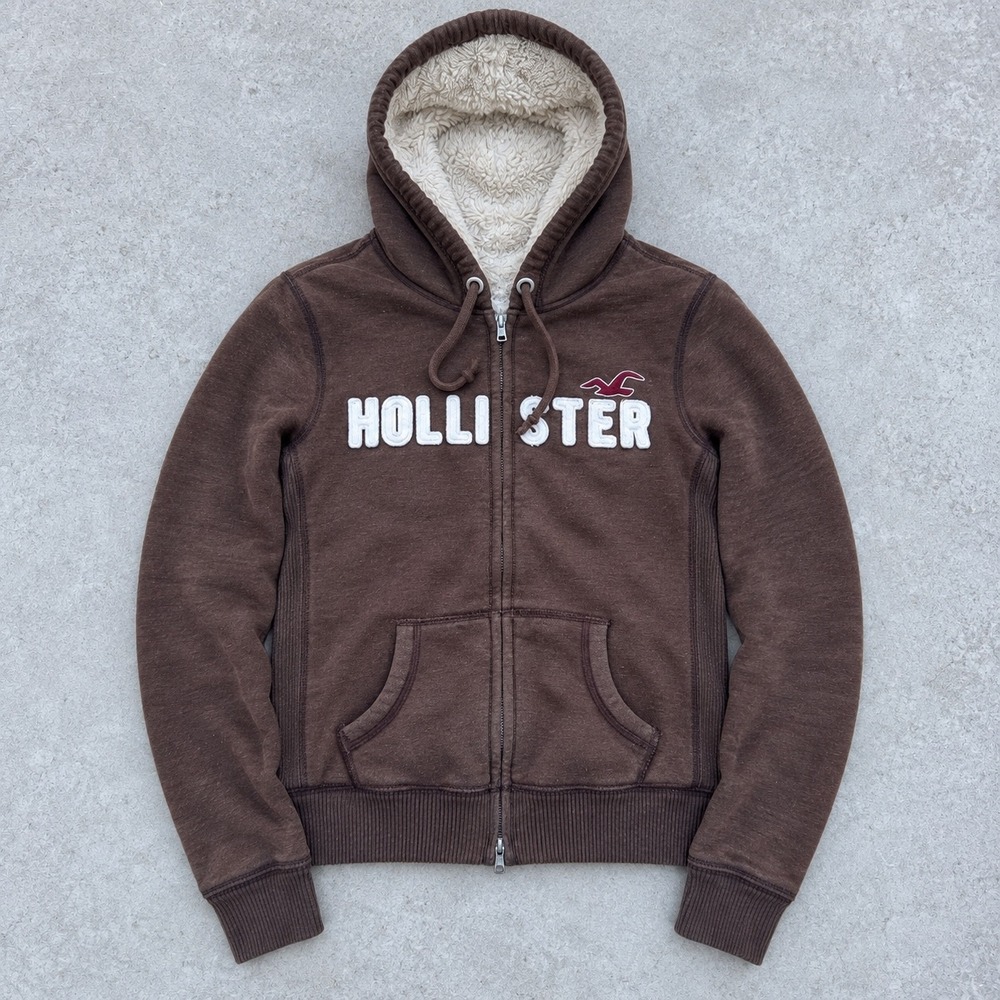 Hollister Brown Sherpa Lined Zip Up Hoodie Chenille Logo Women Small Y2K Vintage